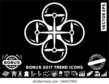 White Drone Screws pictograph with bonus 2017 year trend icon set. Vector illustration style is flat iconic symbols, black background.