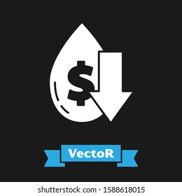 White Drop in crude oil price icon isolated on black background. Oil industry crisis concept.  Vector Illustration