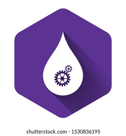 White Drop with gears icon isolated with long shadow. Abstract concept for ecology theme, green eco energy, technology and industry. Purple hexagon button. Vector Illustration