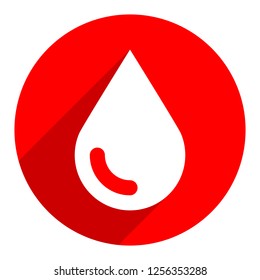 White drop icon on circular icon. Blood sign in flat long shadow style. Vector illustration a graphic element for design