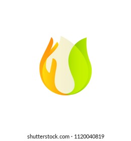White drop vector logo. Organic natural product, made with care. Framed green leaf and palm carefully supported hand.