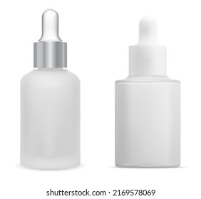 White dropper bottle, vector mockup. Isolated serum essence vial, drop package blank. Facial moisturizer eyedropper jar, natural aroma oil treatment front template. Treatment pipet flask
