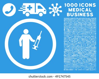 White Drug Dealer vector rounded icon. Image style is a flat icon symbol inside a circle, blue background. Bonus set contains 1000 health care business pictographs.