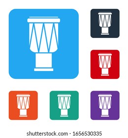 White Drum icon isolated on white background. Music sign. Musical instrument symbol. Set icons in color square buttons. Vector Illustration