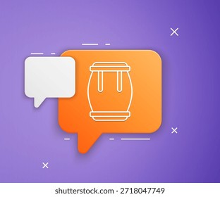 Icono blanco del tambor aislado en fondo púrpura. Signo de música. Símbolo de instrumento musical. Símbolo de burbuja de discurso naranja. Vector