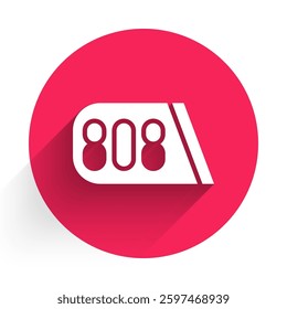 White Drum machine music producer equipment icon isolated with long shadow background. Red circle button. Vector