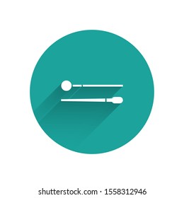White Drum sticks icon isolated with long shadow. Musical instrument. Green circle button. Vector Illustration