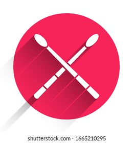 White Drum sticks icon isolated with long shadow. Musical instrument. Red circle button. Vector Illustration