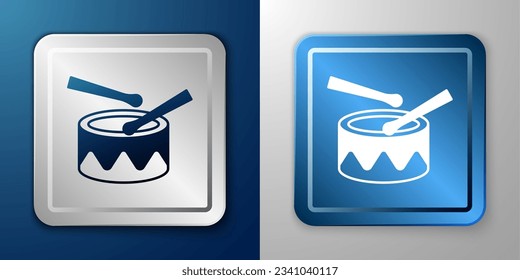 White Drum with drum sticks icon isolated on blue and grey background. Music sign. Musical instrument symbol. Silver and blue square button. Vector