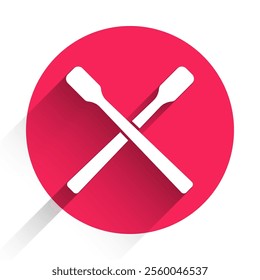 White Drum sticks icon isolated with long shadow. Musical instrument. Red circle button. Vector