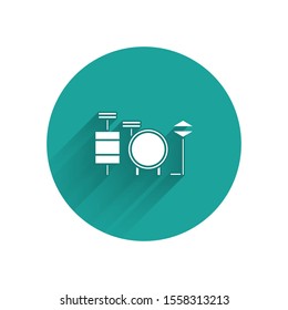 White Drums icon isolated with long shadow. Music sign. Musical instrument symbol. Green circle button. Vector Illustration