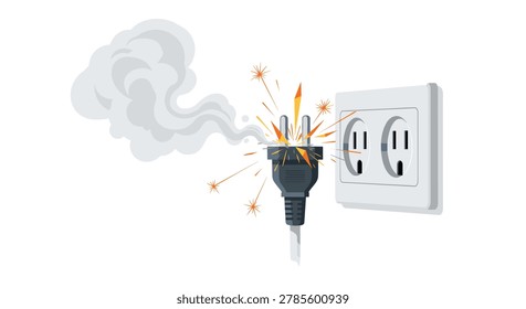 A white dual outlet wall socket sits beside a smoking and sparking electrical plug that indicates a dangerous power connection failure in a flat vector illustration.