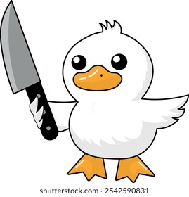 White duck with knife in hand, funny, funny, yellow illustration