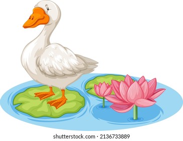 White duck standing on water lily illustration