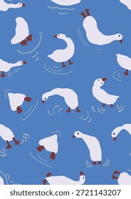 white duck swimming talking diving sleeping on water, ocean blue background, seamless pattern.