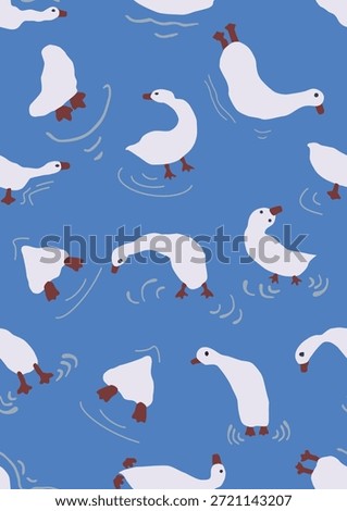 white duck swimming talking diving sleeping on water, ocean blue background, seamless pattern.