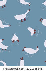 Weiße Enten schwimmen, tauchen, reden miteinander, drehen ihren Kopf nach links und rechts und schauen nach unten. Der Hintergrund ist das blaue Meer.