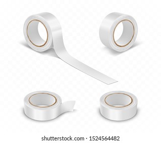 White duct roll adhesive tape realistic set vector illustration isolated on transparent background. Office and household supplies, construction sellotape