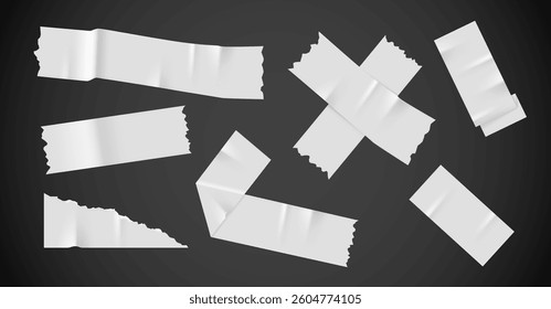 White duct tape collage. Bright scotch tape. Stick tape set. Vector illustration