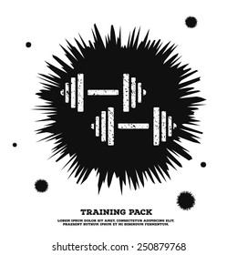 White dumbbell in black drop. Design template. Fitness theme.