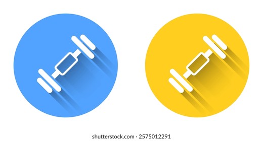 White Dumbbell icon isolated with long shadow background. Muscle lifting, fitness barbell, sports equipment. Circle button. Vector