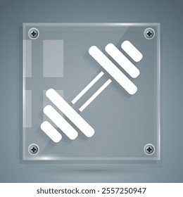 White Dumbbell icon isolated on grey background. Muscle lifting icon, fitness barbell, gym, sports equipment, exercise bumbbell. Square glass panels. Vector