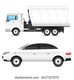 White Dump Truck and White Sedan Car Side View Vector Illustration