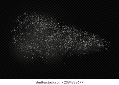 White dust effect. Scatters of salt crystals or sugar isolated on black background. Flying baking flour top view. Crushed pieces of sand or chalk.