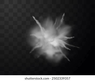 White dust explosion realistic vector illustration. Powder burst effect with cloud of smoke. Splash or spray of flour or sand with particles. Dusty steam splatter isolated on transparent background