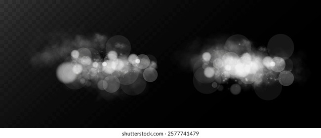 White dust of glowing white light effects with bokeh effect on transparent background. The lights have a soft, hazy and dreamy look, ideal for overlaying in digital designs.