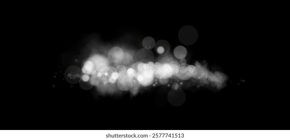 White dust of glowing white light effects with bokeh effect on transparent background. The lights have a soft, hazy and dreamy look, ideal for overlaying in digital designs.