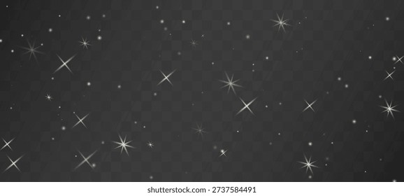 White dust particles and small white stars of various sizes and transparency on dark background. Abstract night sparkle texture.