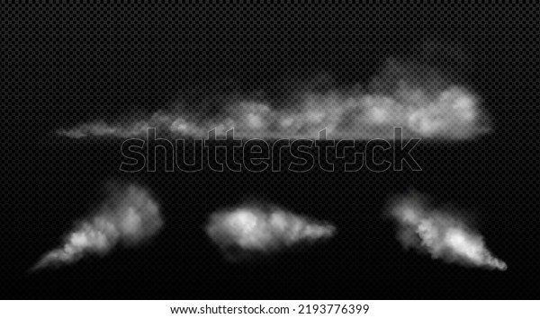 White dust, smoke clouds\
from car wheels isolated on transparent background. Vector\
realistic set of powder or fog spray, aerosol trail, splashes of\
blowing steam