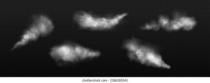 White dust, smoke or fog clouds isolated on transparent background. Vector realistic set of powder or steam spray, splash from aerosol, mist trail of car wheels