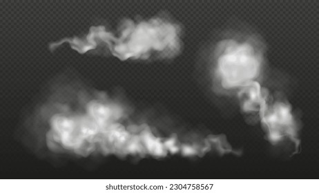 White dust, smoke or fog clouds on a transparent background. Powder or steam spray set, aerosol splash, foggy trail of car wheels. Vector illustration