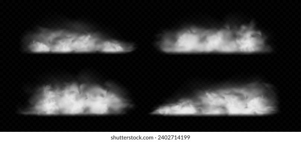 White dust, smoke or fog clouds set isolated on transparent background. Air pollution concept. Vector illustration