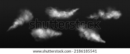 White dust, smoke or fog clouds isolated on transparent background. Vector realistic set of powder or steam spray, splash from aerosol, mist trail of car wheels