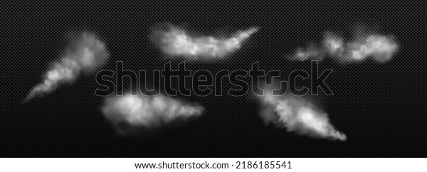 White dust, smoke or fog clouds\
isolated on transparent background. Vector realistic set of powder\
or steam spray, splash from aerosol, mist trail of car\
wheels