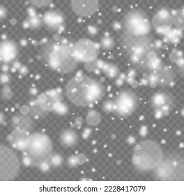 White dust sparks glitter, star night sky, space, dusty shine lights. Christmas shining flare bokeh. Glitter special light effect. Star burst glare with sparkles on transparent background. Vector