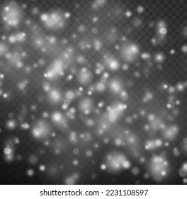 White dust sparks glitter, star night sky, space, dusty shine lights. Christmas shining flare bokeh. Glitter special light effect. Star burst glare with sparkles on transparent background. Vector