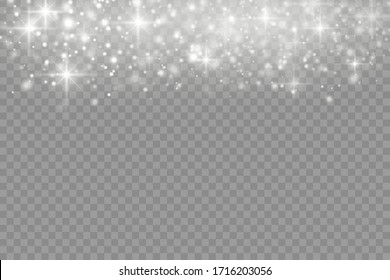 The white dust sparks and star shine with special light, Christmas sparkl light effect, sparkle, shine lights, sparkling magic dust particles isolated on transparent background, vector illustration.