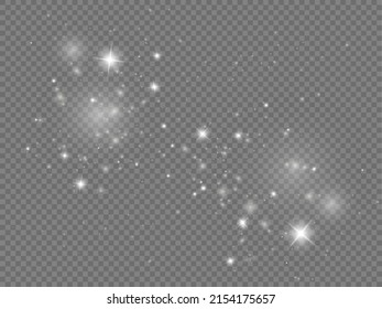 The white dust sparks and star shine with special light, Christmas sparkl light effect, sparkling magic dust particles isolated on transparent background, shine lights, sparkle, vector illustration.