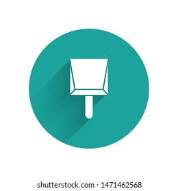 White Dustpan icon isolated with long shadow. Cleaning scoop services. Green circle button. Vector Illustration
