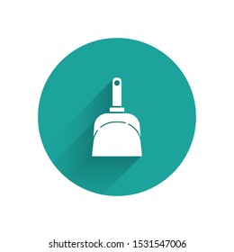 White Dustpan icon isolated with long shadow. Cleaning scoop services. Green circle button. Vector Illustration