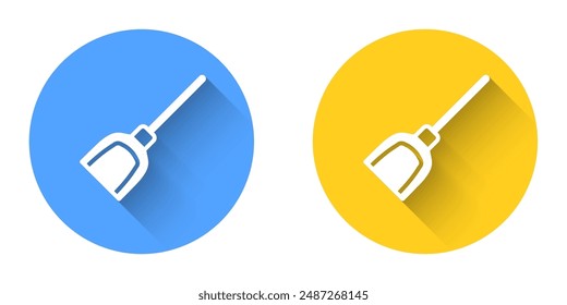 White Dustpan icon isolated with long shadow background. Cleaning scoop services. Circle button. Vector