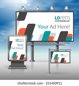 White dynamic outdoor advertising design for corporate identity with red and blue geometric shapes. Stationery set