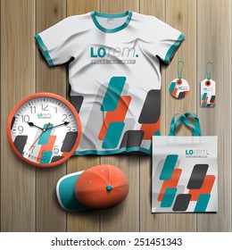 White dynamic promotional souvenirs design for corporate identity with red and blue geometric shapes. Stationery set