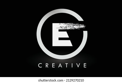 White E Brush Letter Logo Design with Black Circle. Creative Brushed Letters Icon Logo.