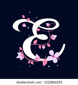 White E letter with flowers, alphabet illustration on dark blue