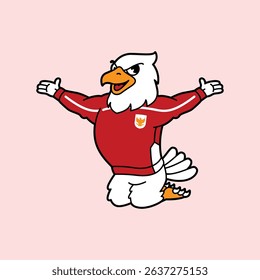White Eagle or Garuda wearing red football jersey vintage retro mascot character pose and celebration. Fit for team branding, merchandise, event graphics, or promotional material.